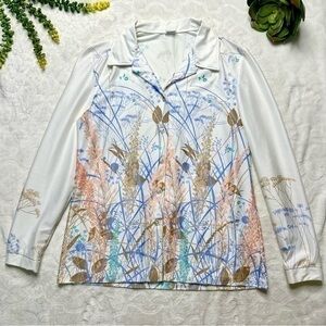 Vintage 1970s Long Sleeve Polyester Button Down Multicolor Floral Nature Print